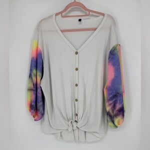 Glitzy Girlz V-Neck Button-Down Top with Tie-Dye Sleeves & Tie Front Size XXXL